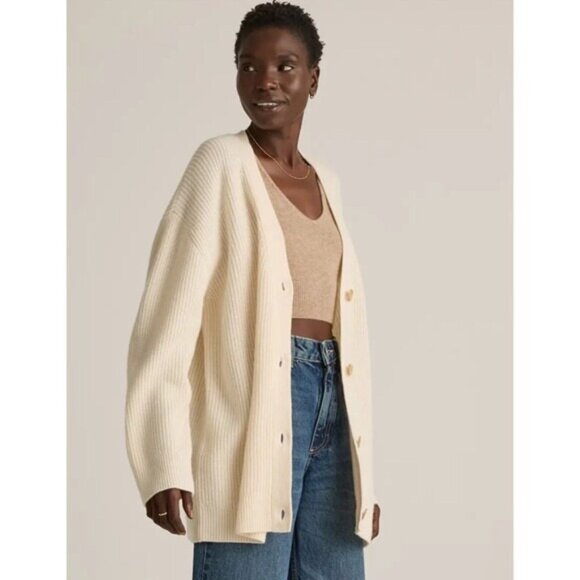 Quince Mongolian Cashmere Oversized Boyfriend Cardigan Sweater NWT Large Ivory - Picture 1 of 6